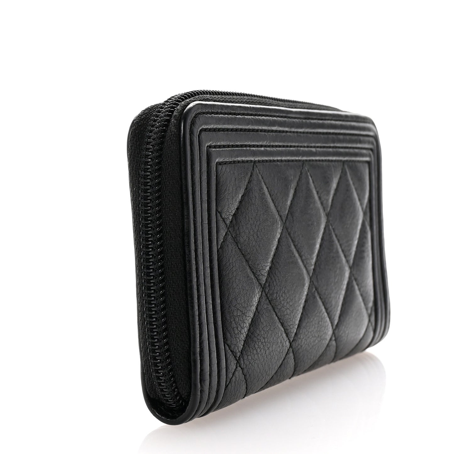 Calfskin Quilted Small Boy Zip Around Wallet Black