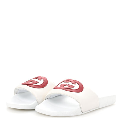 Gucci Nappa Miro Soft Calfskin Womens Interlocking G Slide Sandals 39 Great White Hibiscus Red 4 of 9