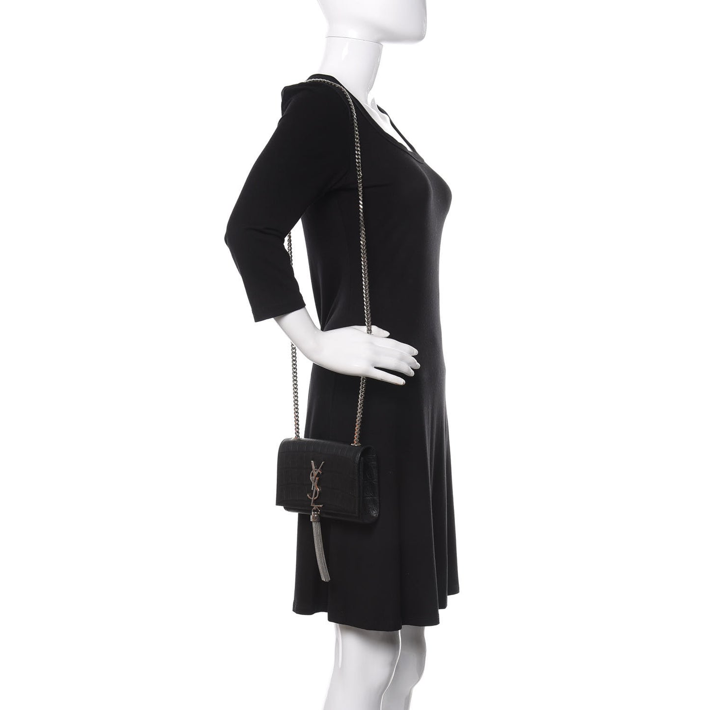 Calfskin Crocodile Embossed Monogram Small Kate Tassel Satchel Black