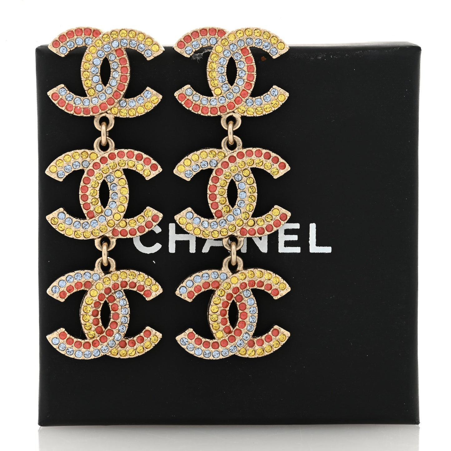 Metal Crystal CC Triple Drop Earrings Gold Multicolor