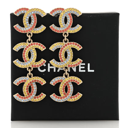 Chanel Metal Crystal CC Triple Drop Earrings Gold Multicolor 5 of 5