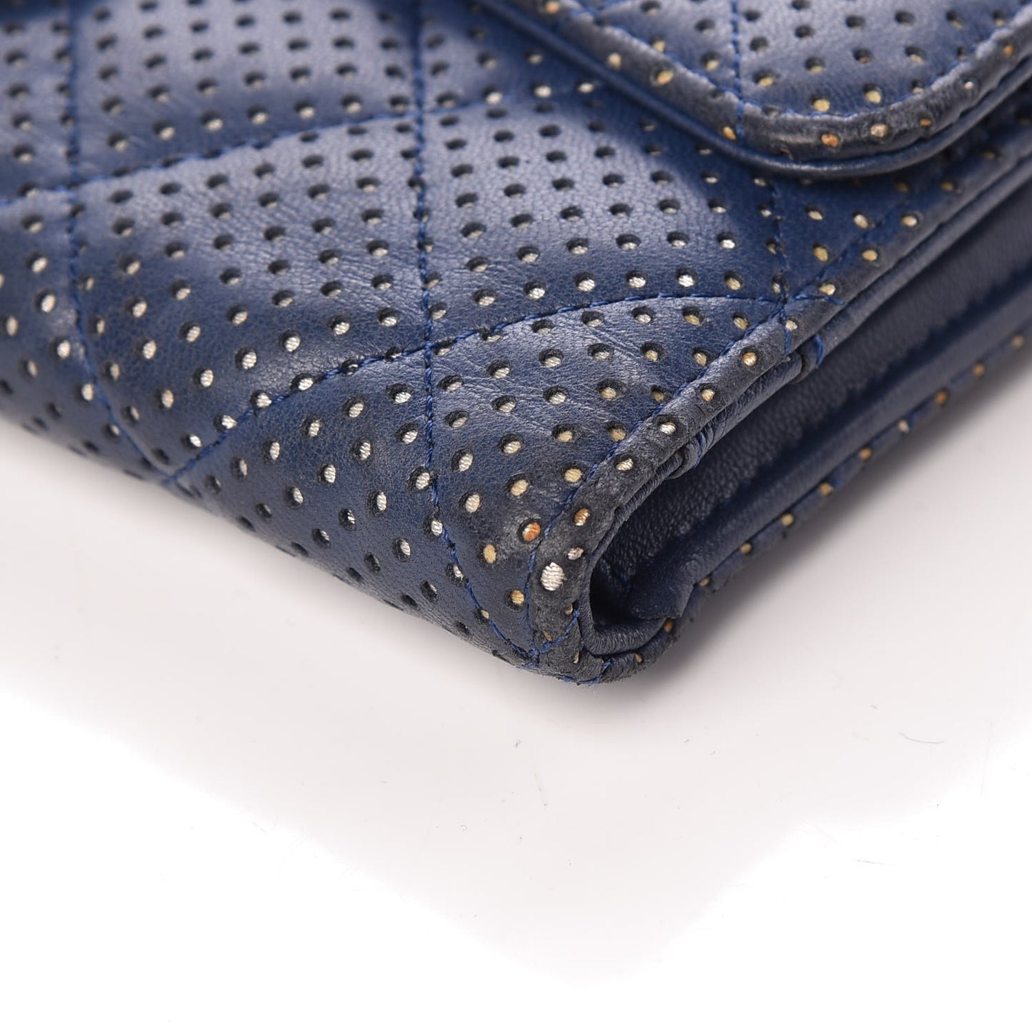 Perforated Lambskin Quilted Large Flap Wallet Blue