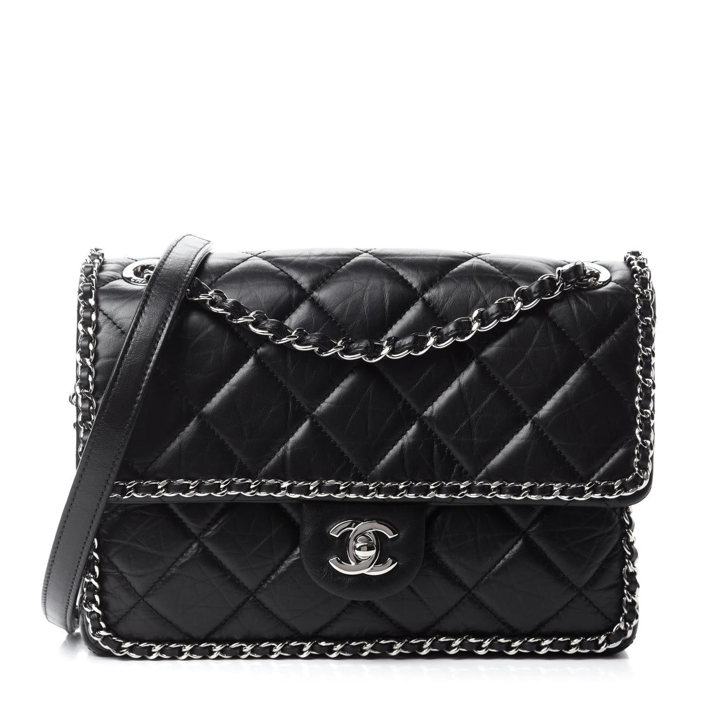 Crumpled Calfskin Medium Chain All Over Flap Black