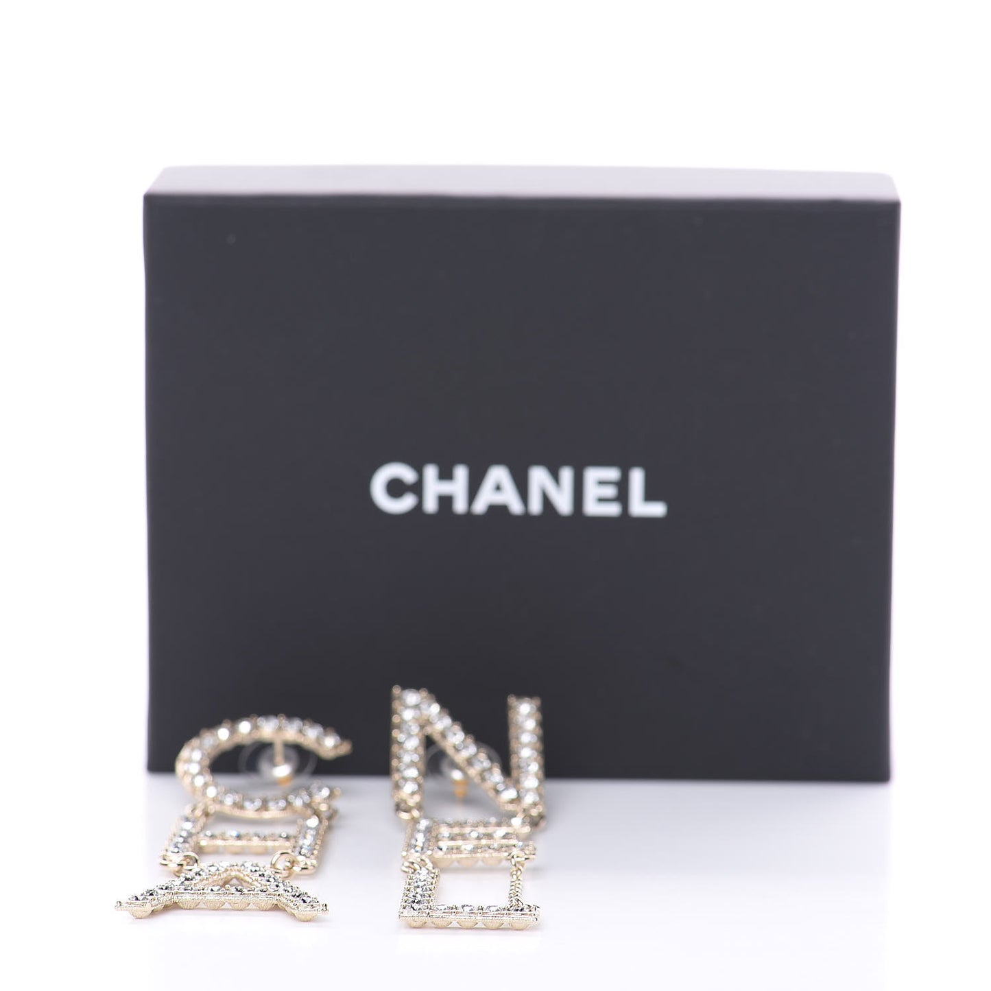 Crystal Cha-Nel Logo Drop Earrings Gold