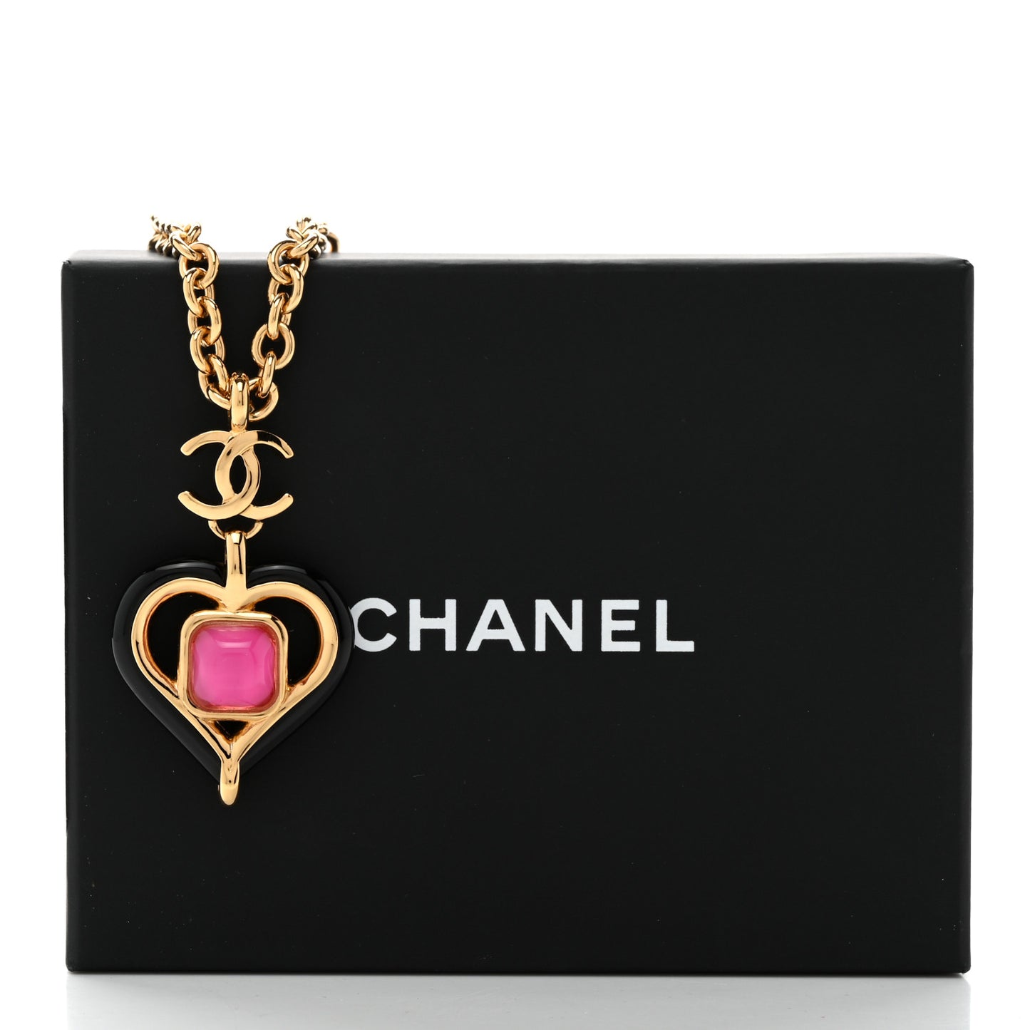 Resin Crystal Heart CC Pendant Necklace Gold Pink Black