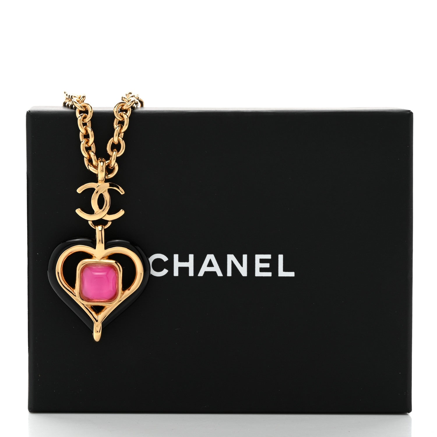Chanel Resin Crystal Heart CC Pendant Necklace Gold Pink Black 6 of 6