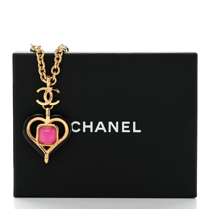 Chanel Resin Crystal Heart CC Pendant Necklace Gold Pink Black 6 of 6
