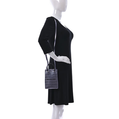 Balenciaga Calfskin Crocodile Embossed Logo Shopping Phone Holder Bag Lilac Black 2 of 7