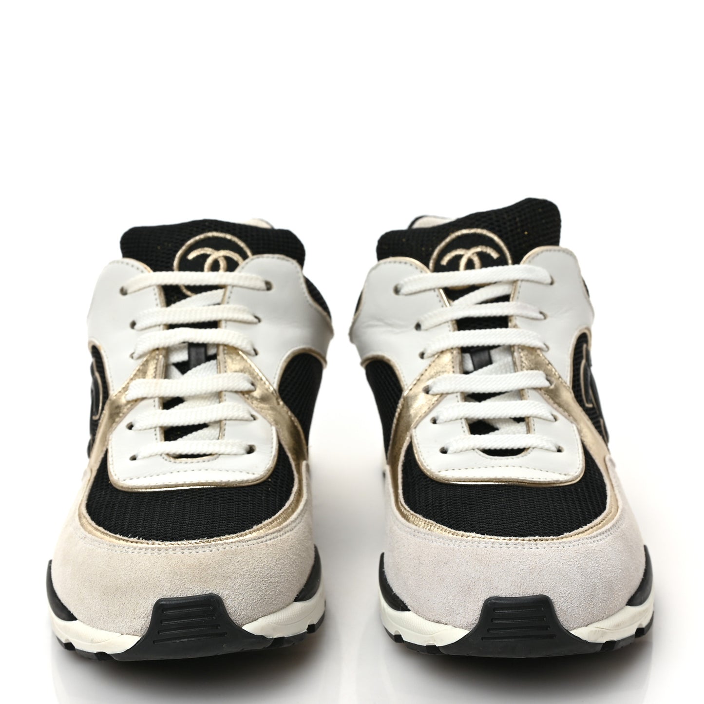 Mesh Suede Calfskin Womens CC Sneakers 39 White Black Beige Gold