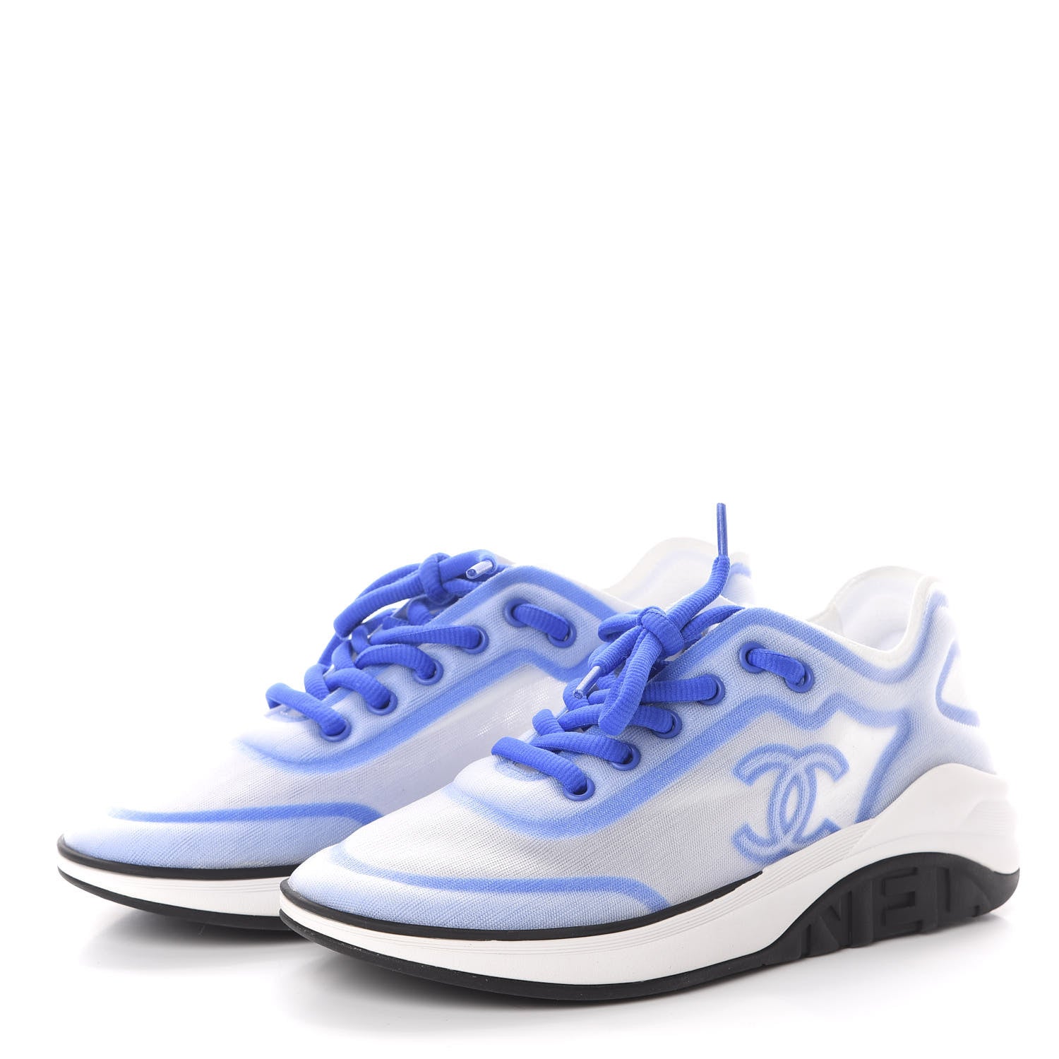 Chanel Calfskin Mesh Lyrca Womens Logo Sneakers 36.5 White Blue 3 of 6
