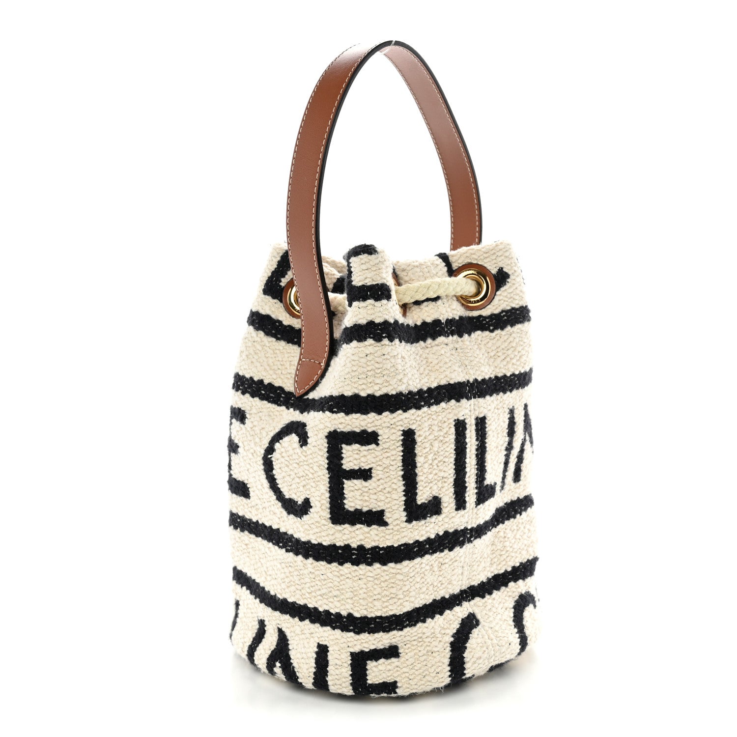 Celine Canvas Drawstring Logo Bucket Bag White Black 3 of 9