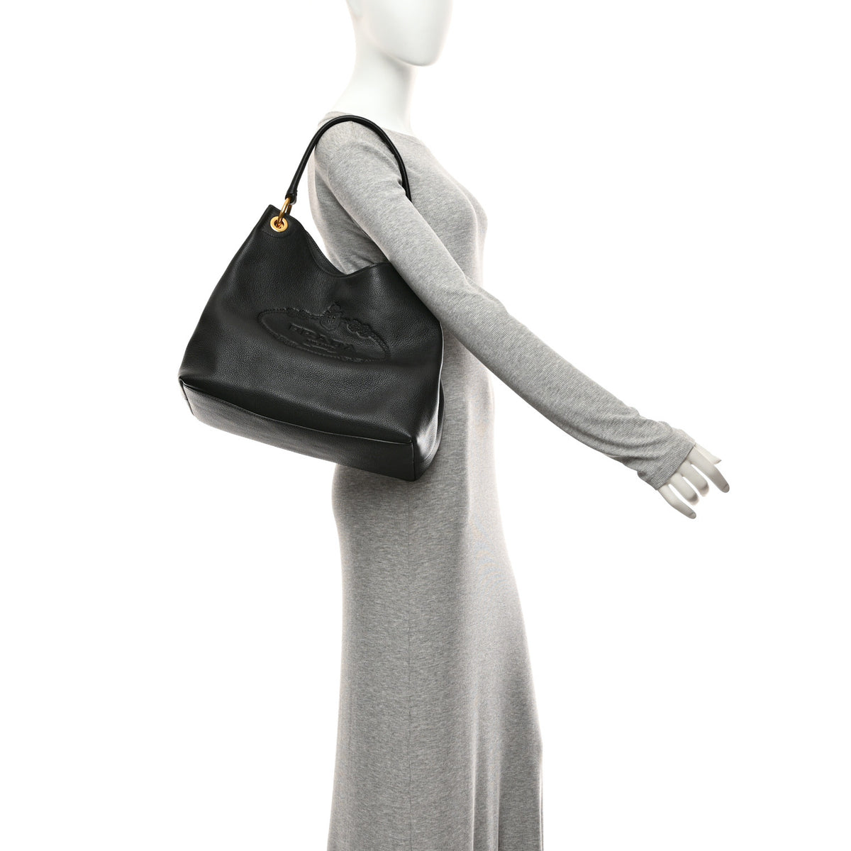 Vitello Phenix Embossed Logo Hobo Black