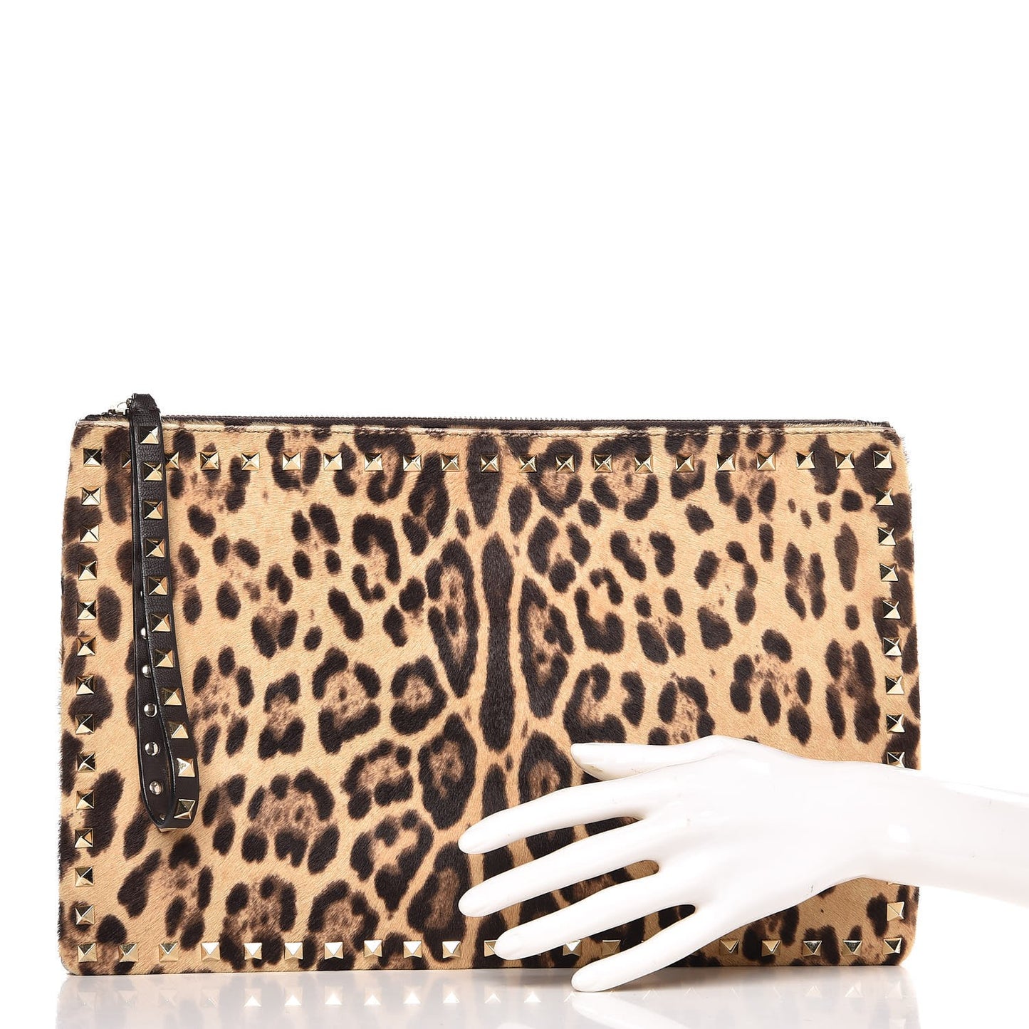 Calf Hair Leopard Print Rockstud Zip Wristlet Pouch Leopard