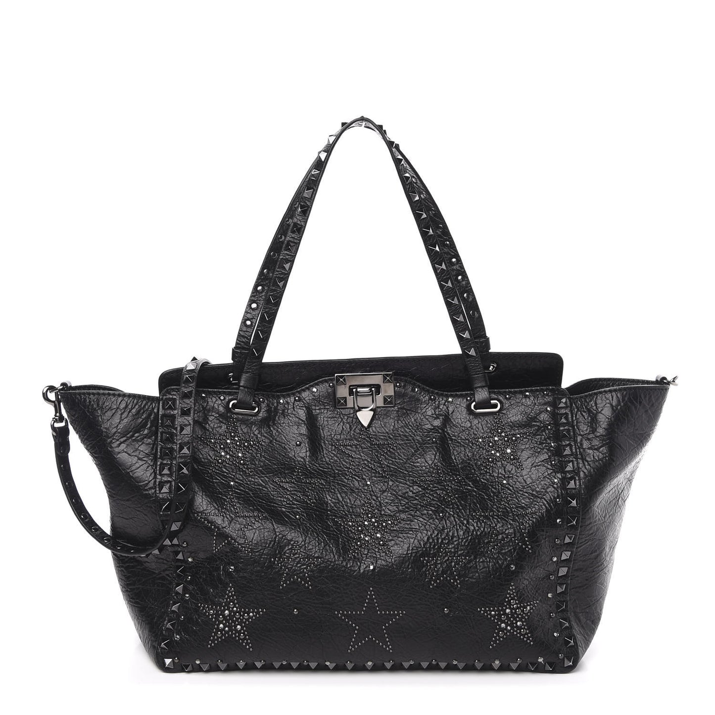 Craquele Calfskin Star Studded Medium Rockstud Tote Black