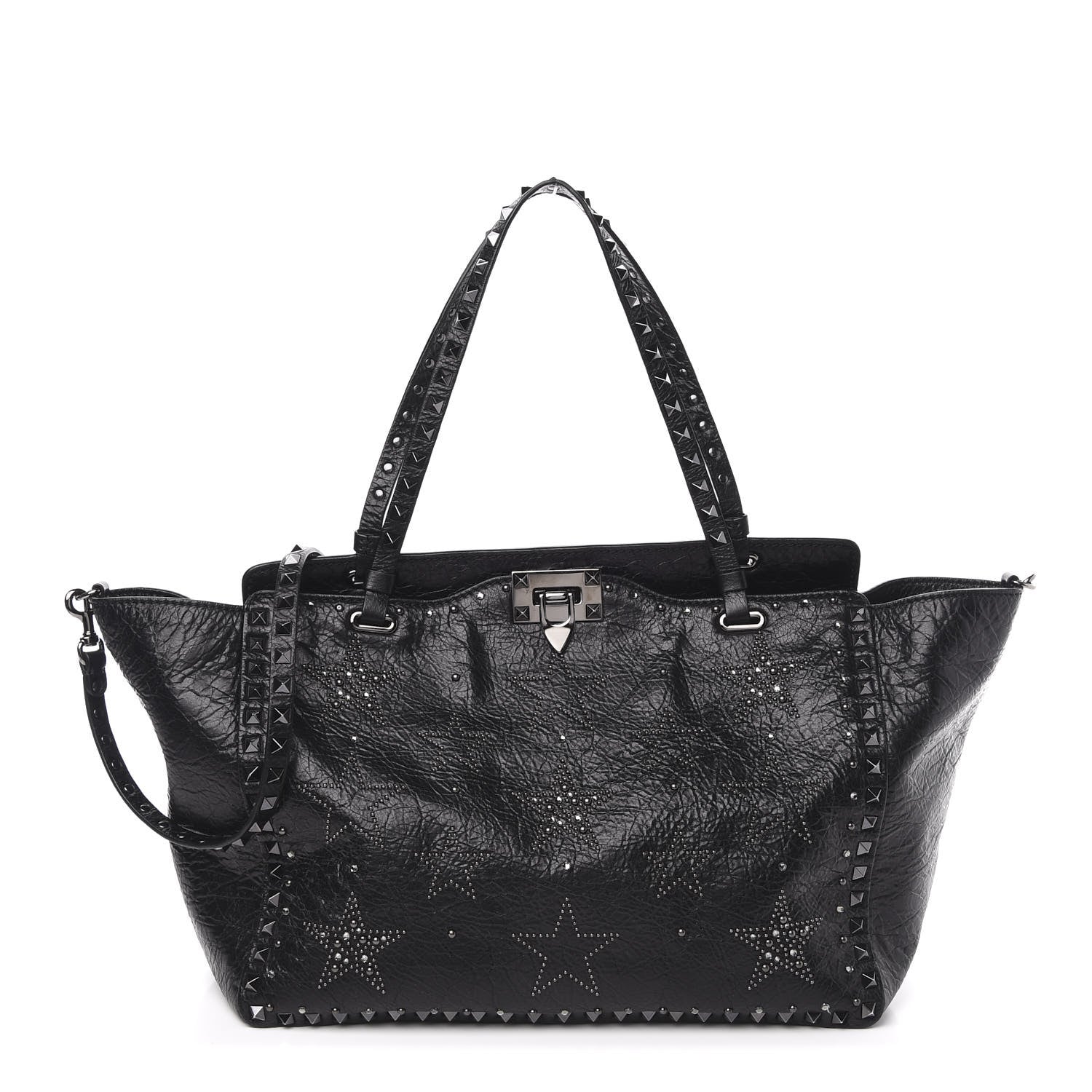 Valentino Garavani Craquele Calfskin Star Studded Medium Rockstud Tote Black 1 of 11