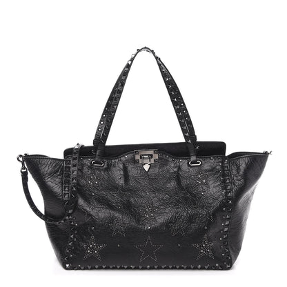 Valentino Garavani Craquele Calfskin Star Studded Medium Rockstud Tote Black 1 of 11