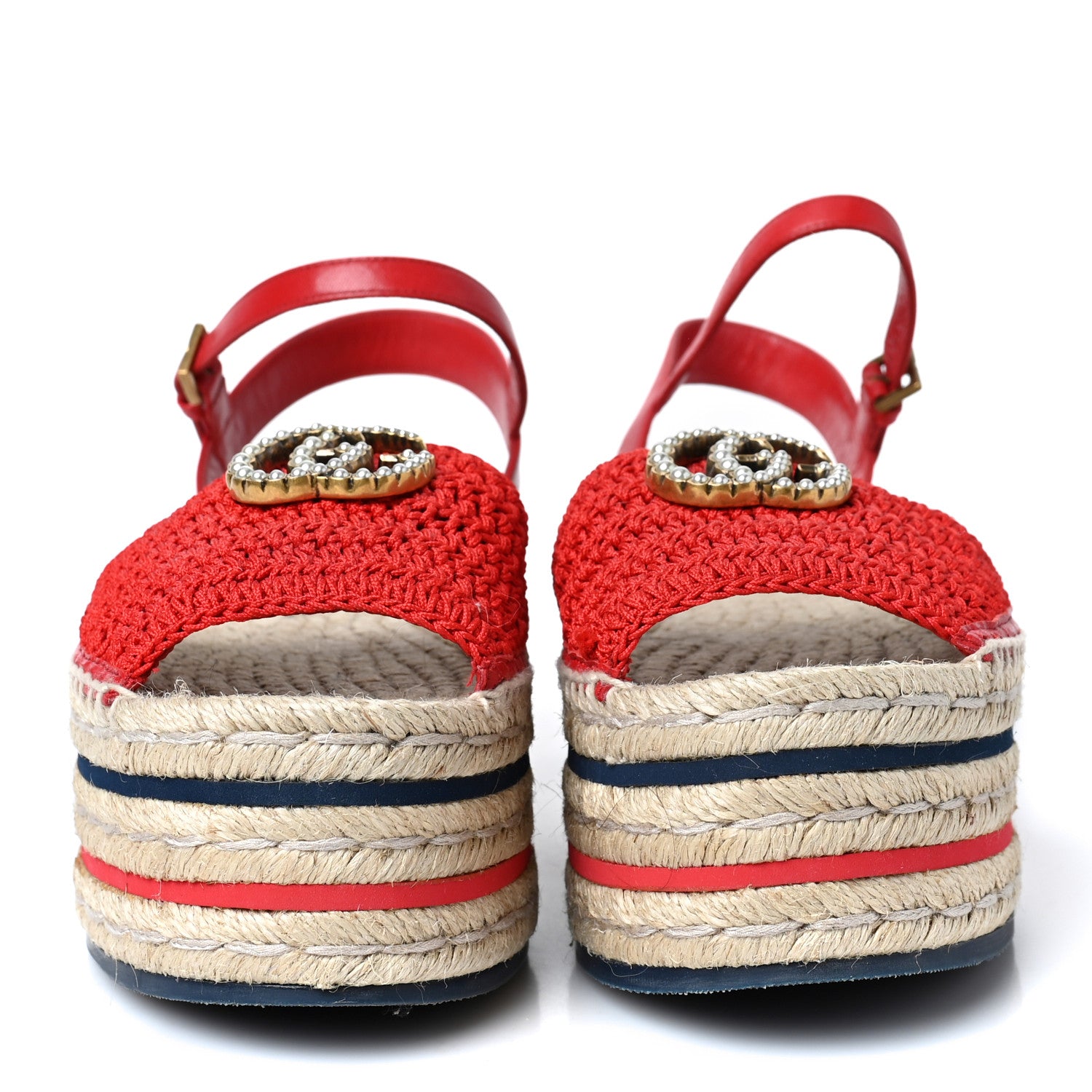 Gucci Cotton Malaga Kid Crochet Pearly GG Lilibeth Espadrille Platform Sandals 37.5 Hibiscus Red 2 of 9