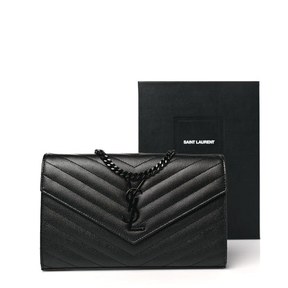 Saint Laurent Grain De Poudre Matelasse Chevron Monogram Monochrome Chain Wallet Black 10 of 10
