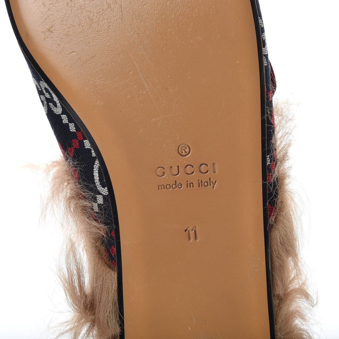 Canvas GG Monogram Diamond Fur Web GG Mens Princetown Slippers 11 Midnight Blue Hibiscus Red