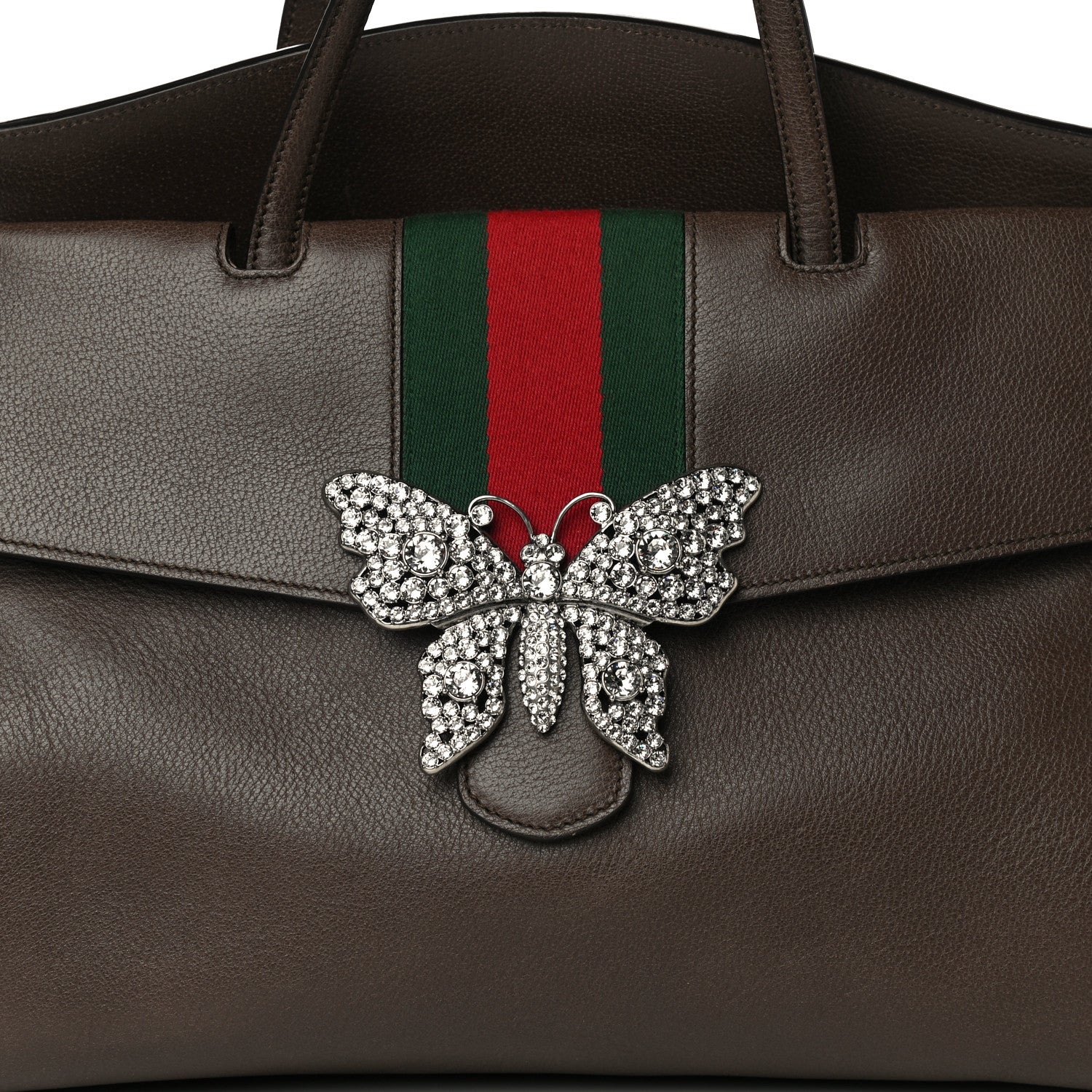 Gucci Textured Calfskin Web Crystal Butterfly Stripe Large Totem Top Handle Bag New Acero 10 of 16
