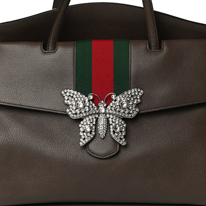 Gucci Textured Calfskin Web Crystal Butterfly Stripe Large Totem Top Handle Bag New Acero 10 of 16