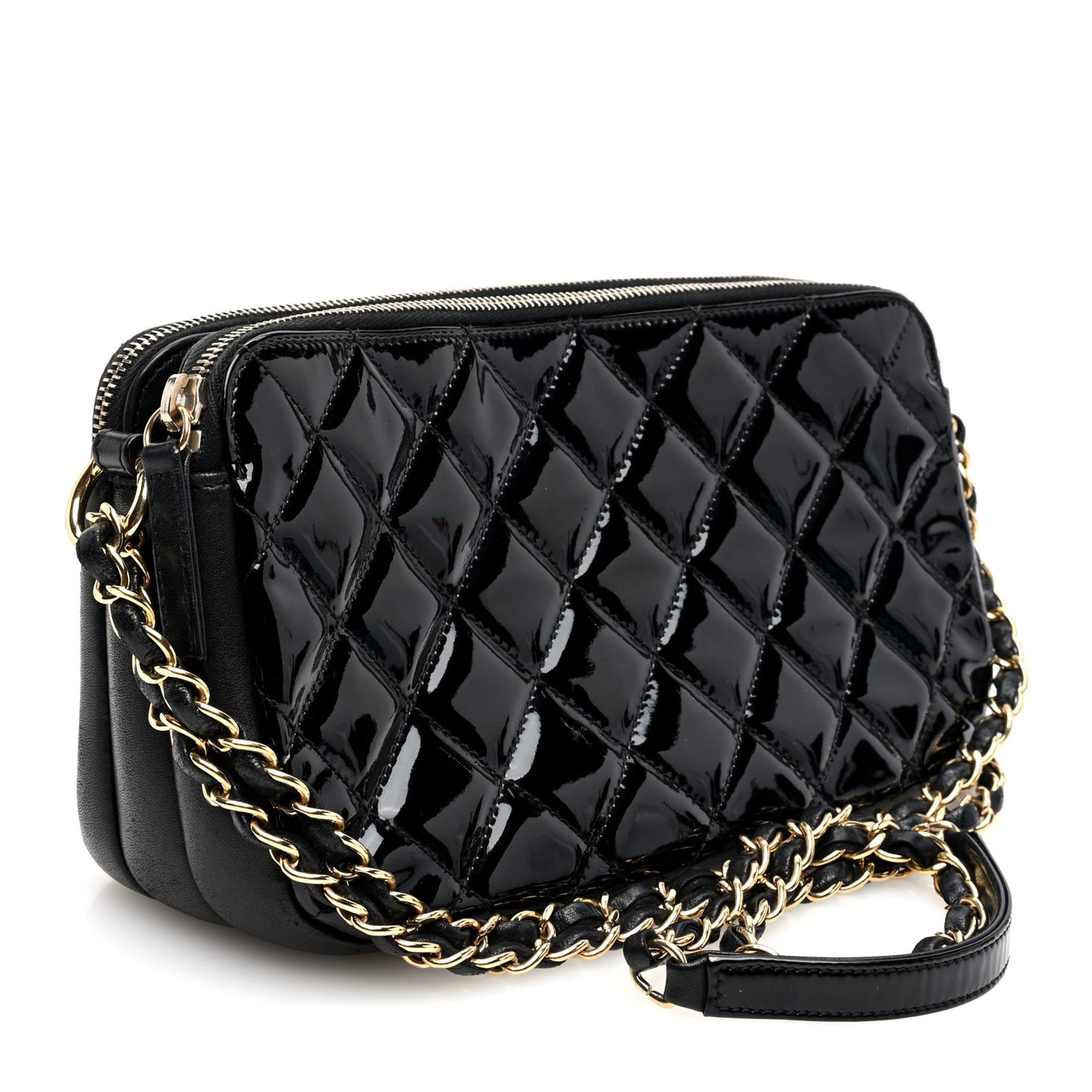 Patent Quilted Crown CC Double Zip Bag Black