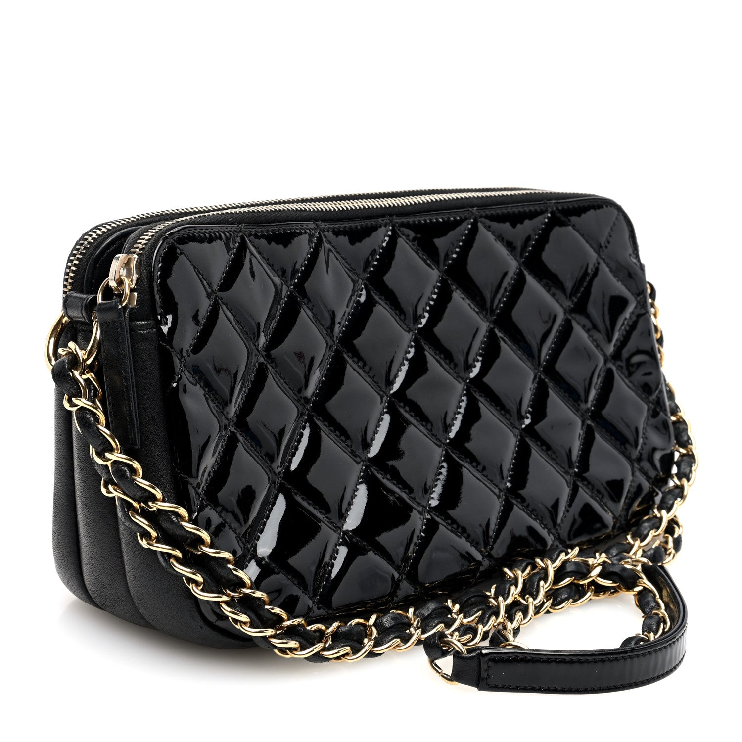 Chanel Patent Quilted Crown CC Double Zip Bag Black 3 of 12