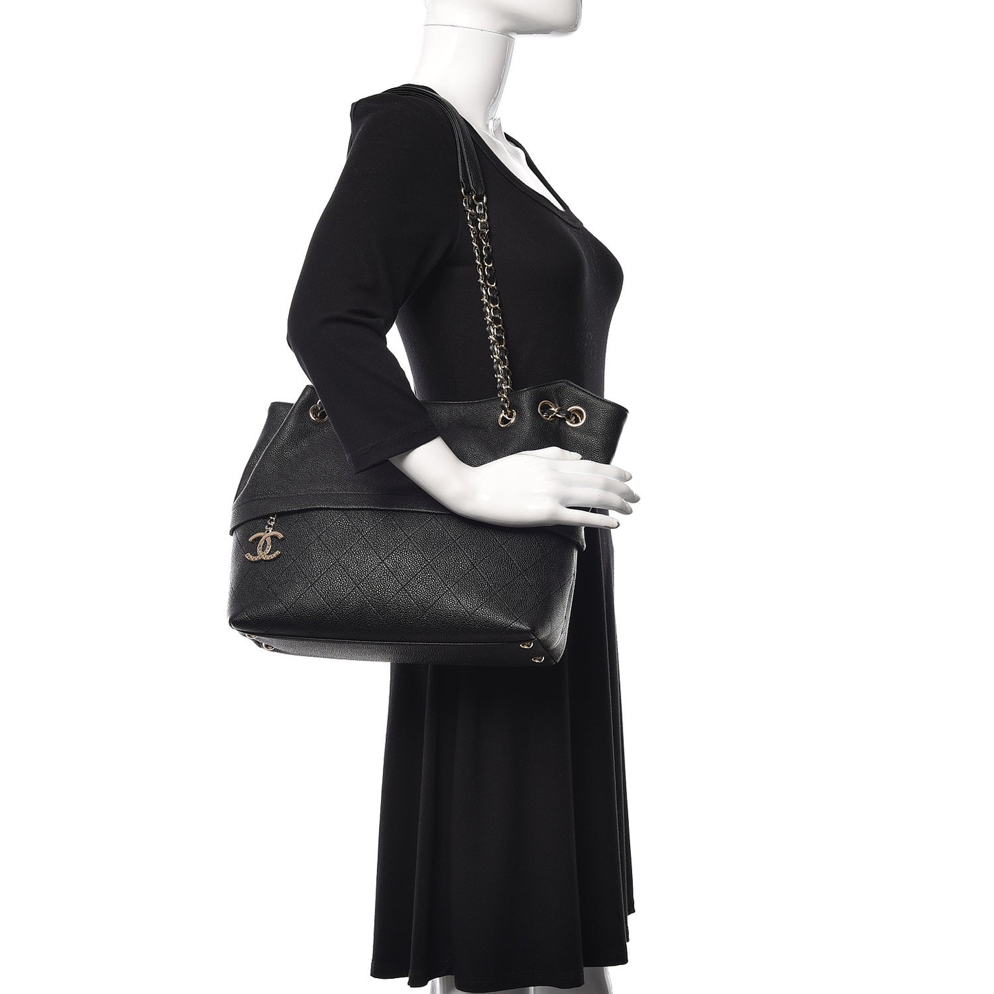 Crumpled Grained Calfskin Zip and Carry Shopping Tote Black