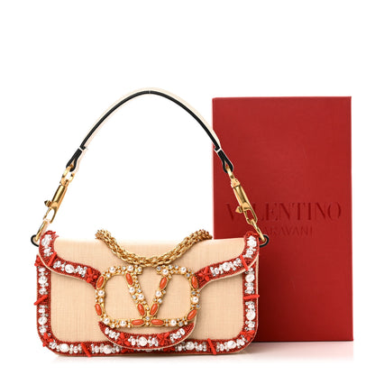 Valentino Garavani Raffia Beaded Crystal Embroidered Vlogo Small Loco Shoulder Bag Natural Orange 12 of 12