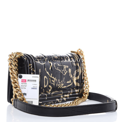 Chanel Calfskin Crocodile Embossed Graffiti Cocodile Small Boy Flap Black Gold 3 of 9