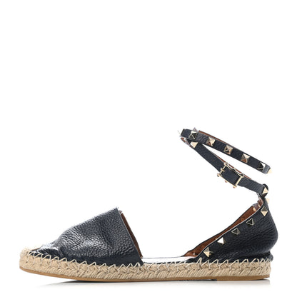 Valentino Garavani Grained Calfskin Rockstud Ankle Wrap Espadrille Flats 40 Navy 1 of 6