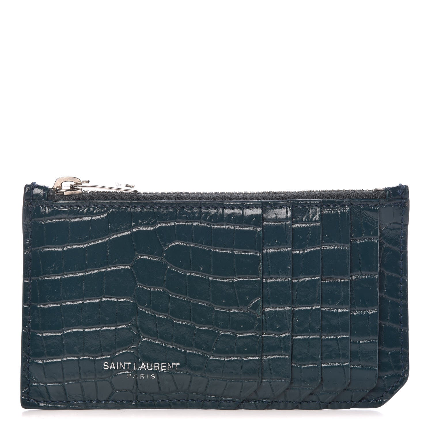 Saint Laurent Calfskin Crocodile Embossed 5 Fragments Zip Card Case Dark Green 1 of 7