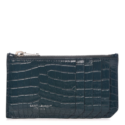 Saint Laurent Calfskin Crocodile Embossed 5 Fragments Zip Card Case Dark Green 1 of 7