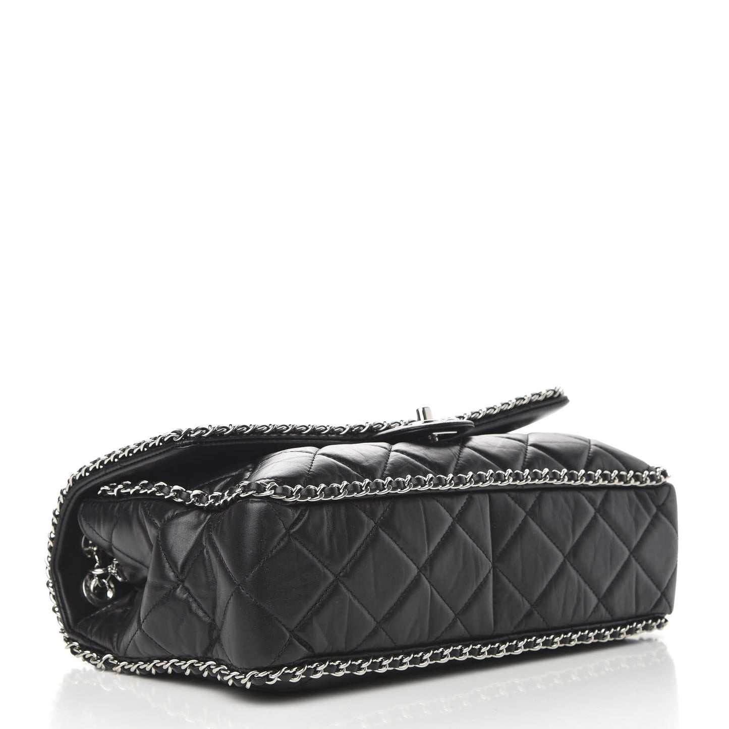 Crumpled Calfskin Quilted Large Chain All Over Flap Bag Black