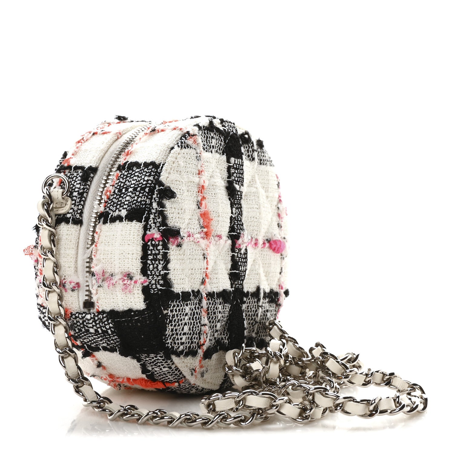 Chanel Tweed Quilted Round Clutch With Chain Black White Multicolor 3 of 10