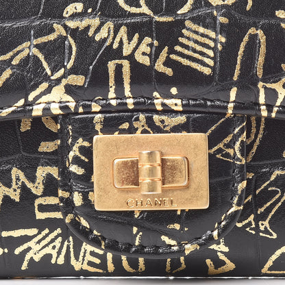 Chanel Calfskin Crocodile Embossed Graffiti 2.55 Cocodile Reissue Flap Card Holder Black Gold 11 of 12