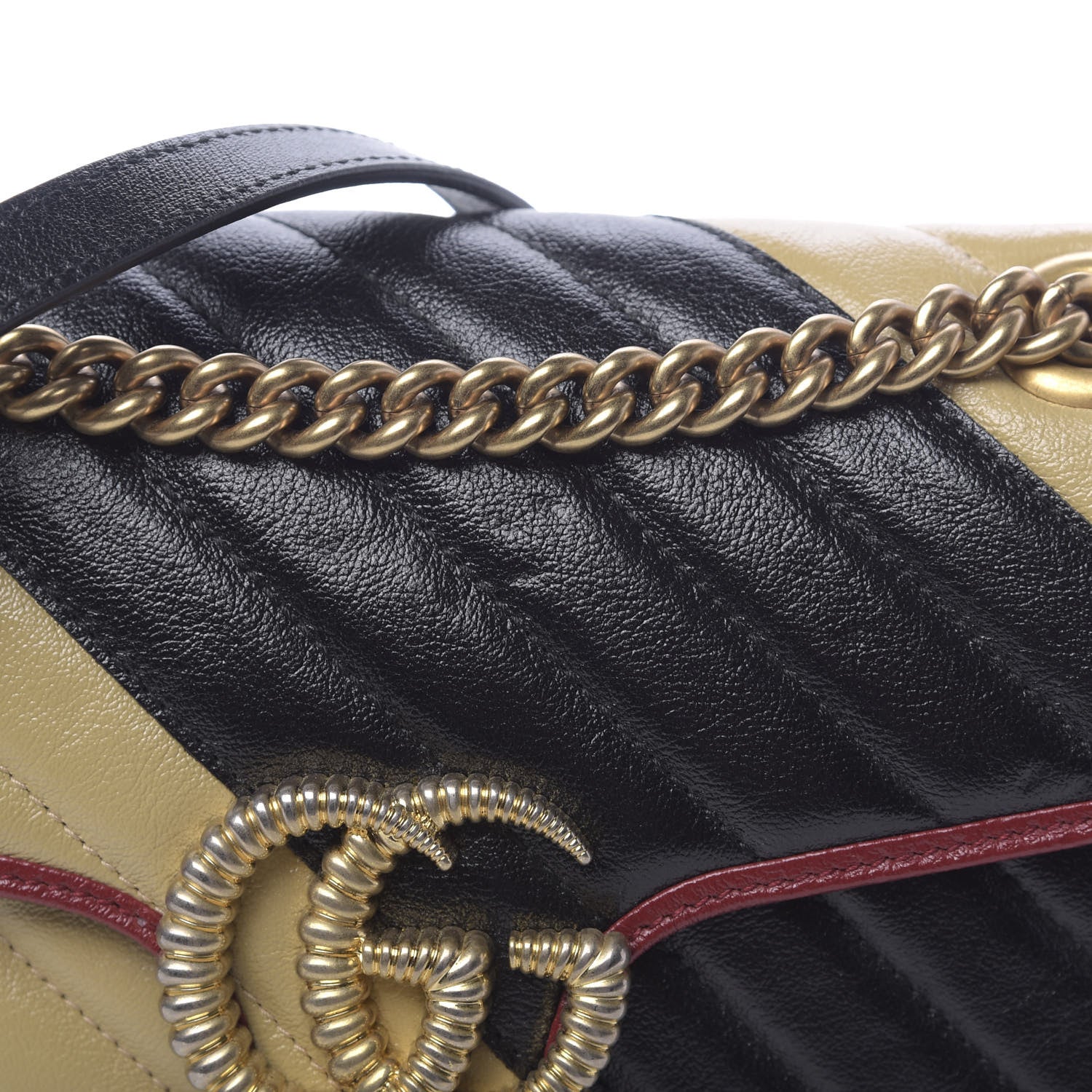 Gucci Vintage Effect Calfskin Matelasse Diagonal Striped Small Torchon GG Marmont Shoulder Bag Black Beige 11 of 11
