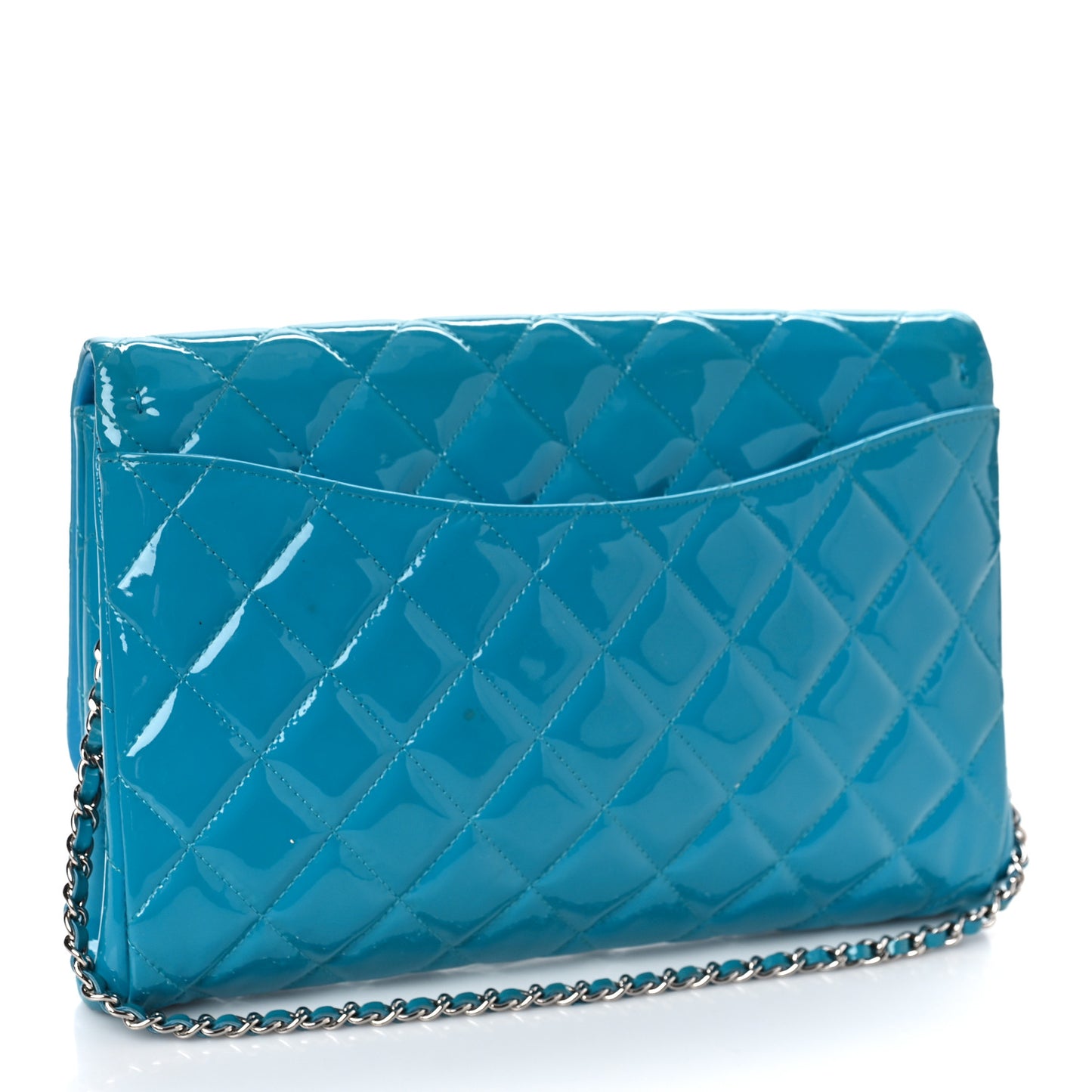 Patent Quilted Clutch with Chain Flap Blue