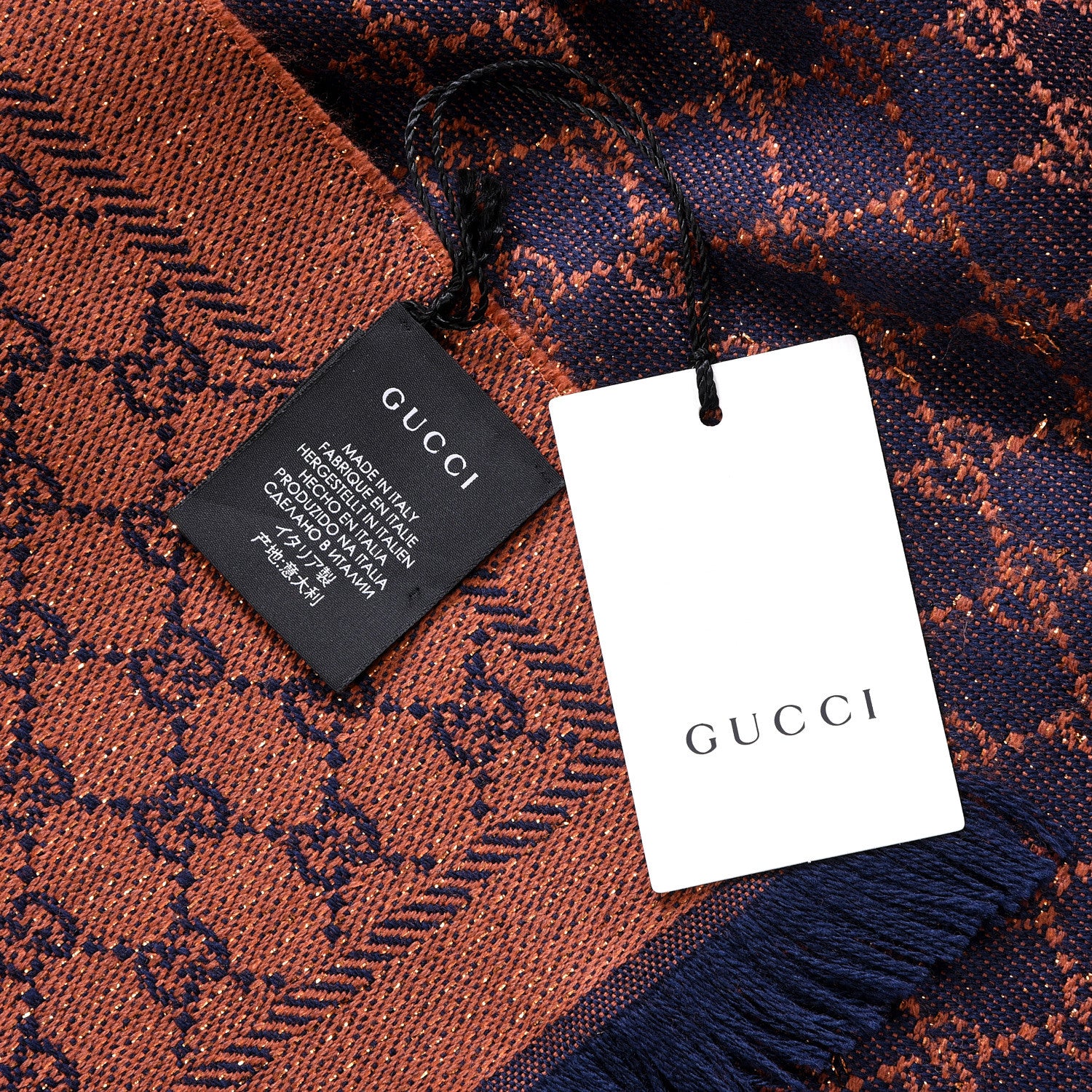 Gucci Wool Lame Jacquard GG Monogram Stenlux Scarf Midnight Blue Light Brown 4 of 4
