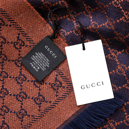 Gucci Wool Lame Jacquard GG Monogram Stenlux Scarf Midnight Blue Light Brown 4 of 4