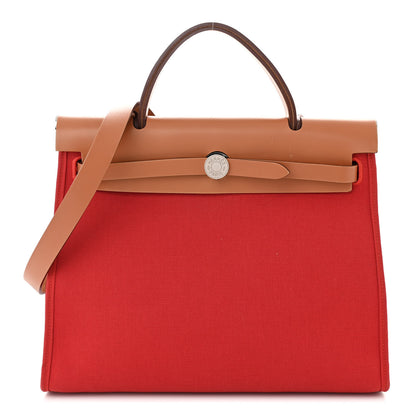 Hermes Vache Hunter Toile Herbag Zip 31 PM Rouge Tomate Natural 1 of 12