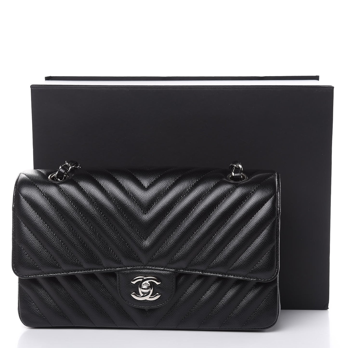 Caviar Chevron Quilted Medium Double Flap Black
