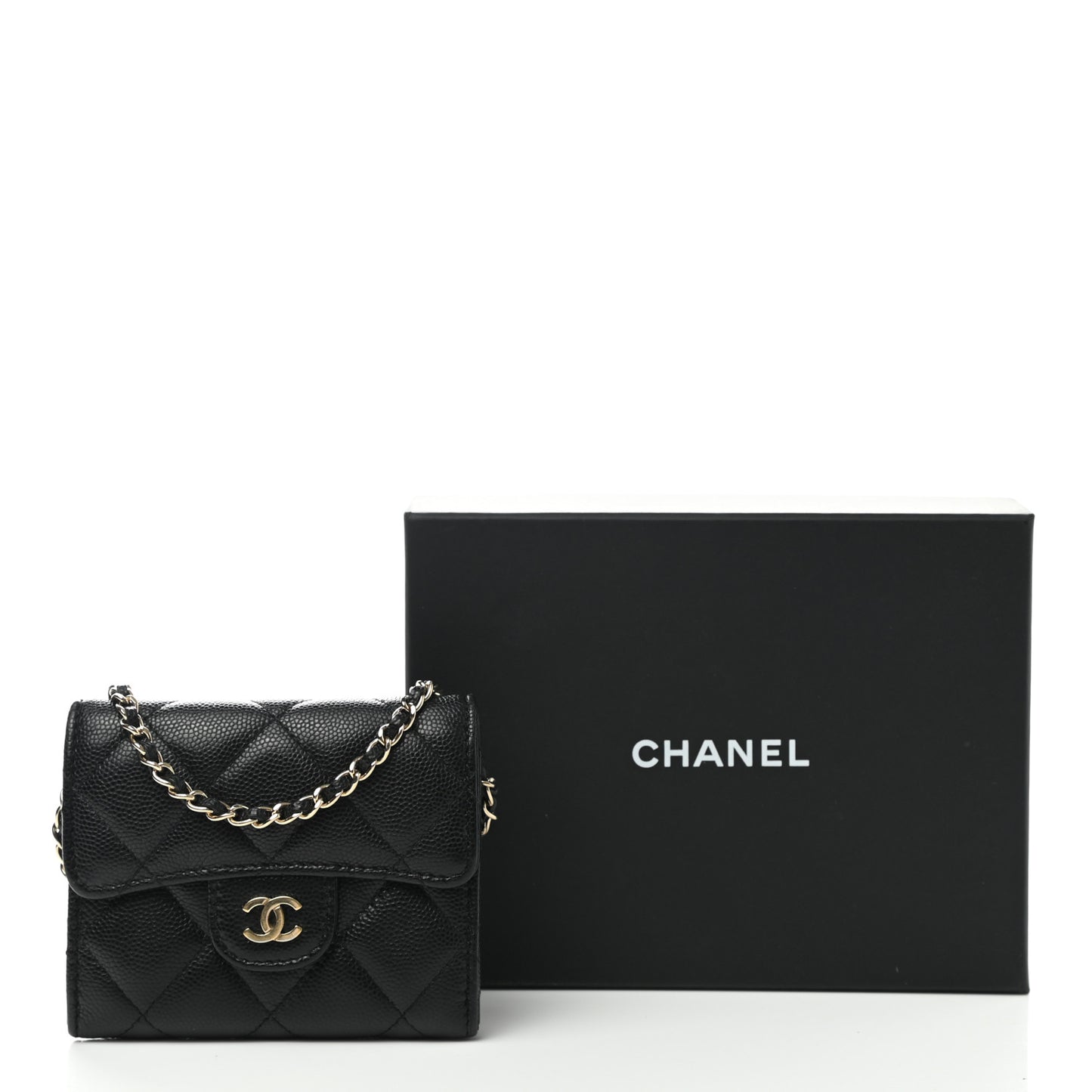 Caviar Quilted Flap Card Holder On Chain Black