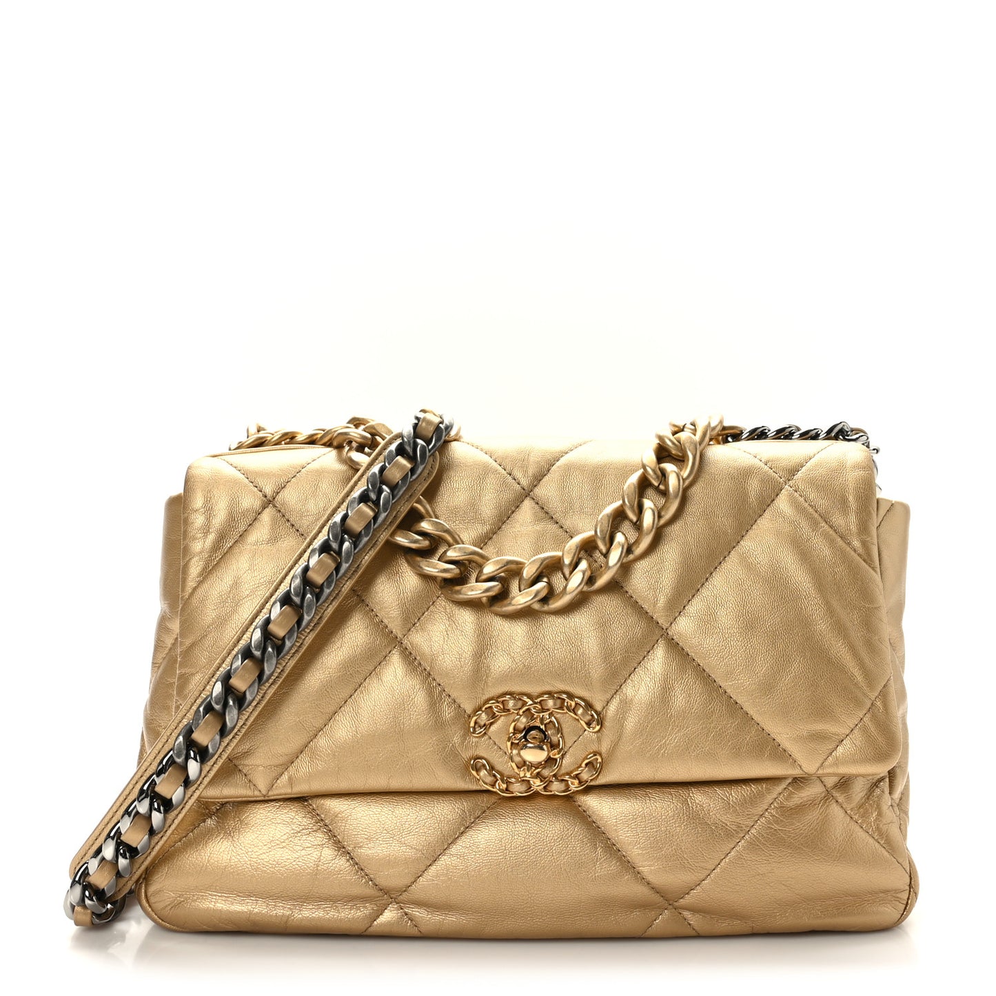 Metallic Goatskin Quilted Large Chanel 19 Flap Gold