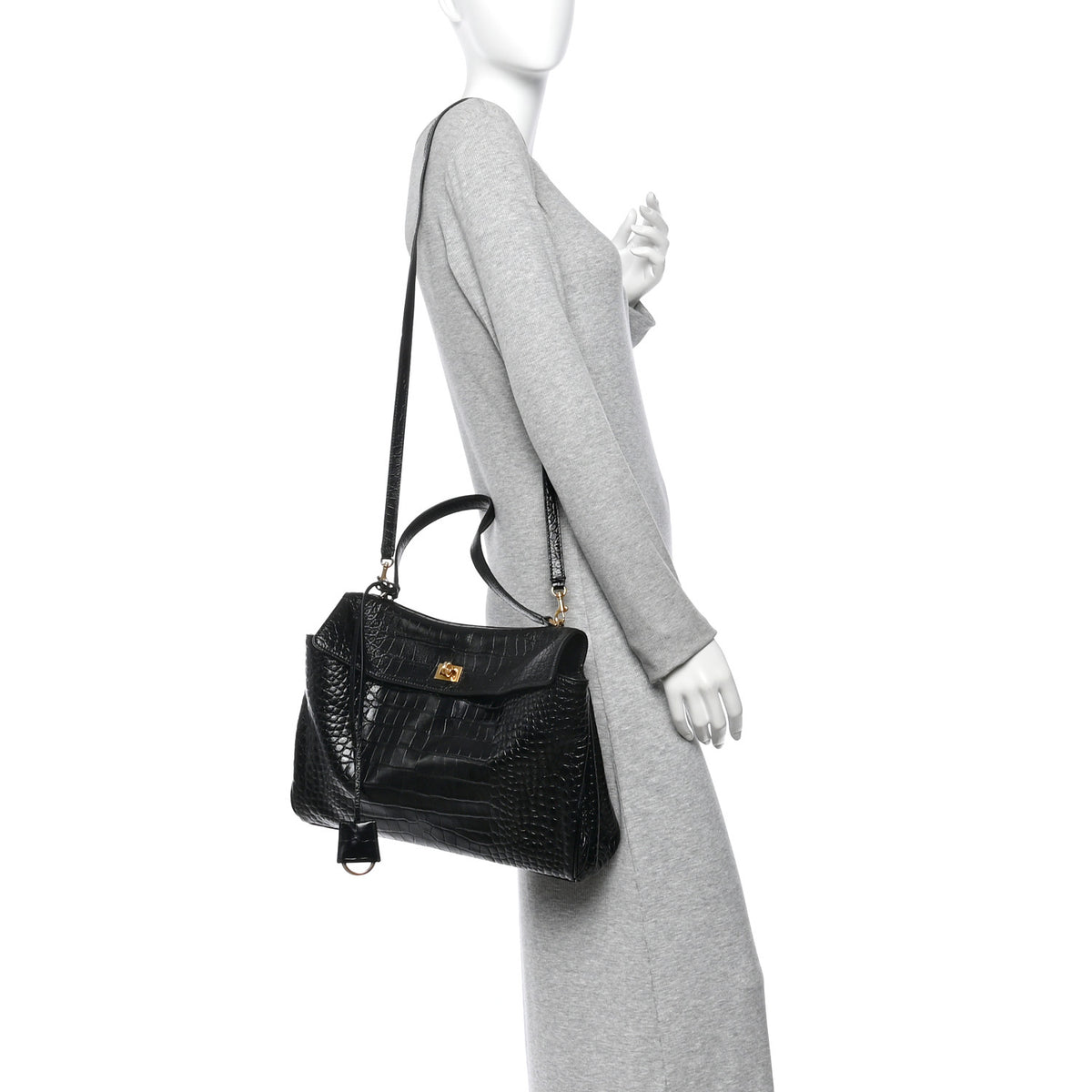Shiny Calfskin Crocodile Embossed Medium Rodeo Top Handle Handbag Black