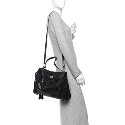 Balenciaga Shiny Calfskin Crocodile Embossed Medium Rodeo Top Handle Handbag Black 2 of 9