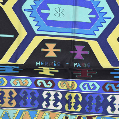 Hermes Silk Kilim Scarf 90 Bleu Klein Noir Chartreuse 3 of 8