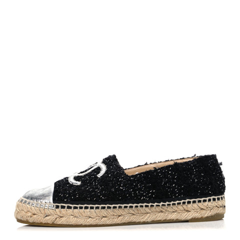 Metallic Lambskin Tweed CC Espadrilles 37 Black Silver