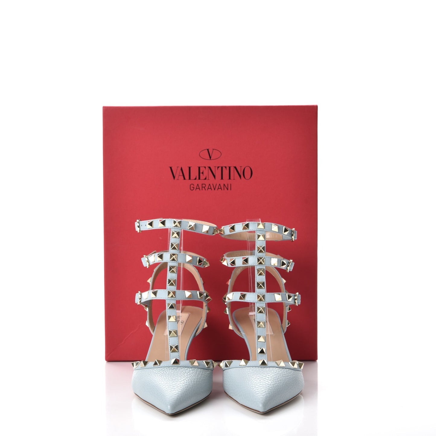 Pebbled Calfskin Rockstud Ankle Strap 65mm Pumps 38 Sky Sorbet