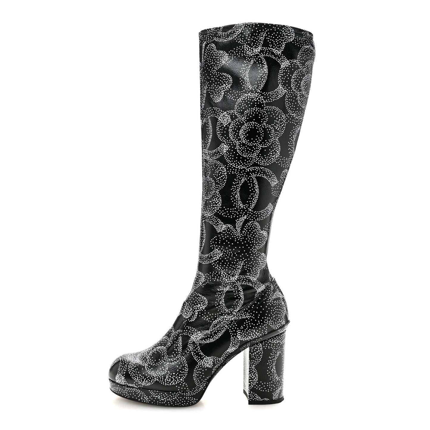 Calfskin Camellia Printed High Boots 37.5 Black White